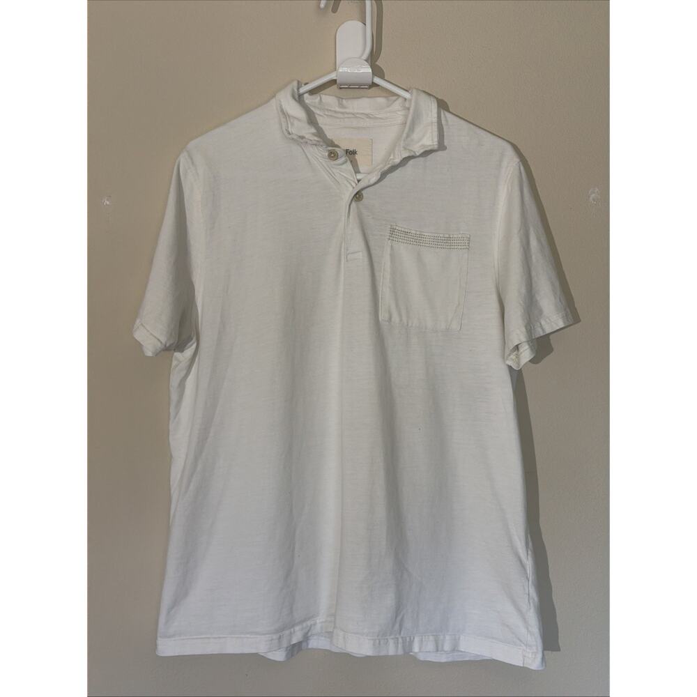 Folk Clothing Ivory Cream 100% Cotton Short Sleeve Casual Polo Shirt Men 4 Large